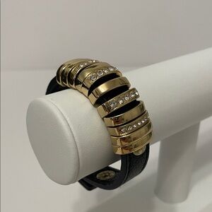 Black Leather Bracelet With Gold Tone Bars And Clear Crystals